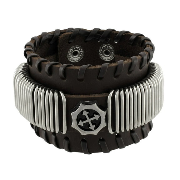 Zeckos Brown Leather Wristband with Chrome Rings Faux Compass Center