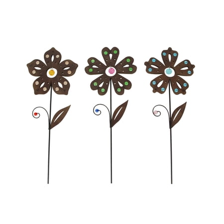 Zeckos Brown Metal Flower Garden Stakes With Jewel Accents 18 inch (Set of 3)