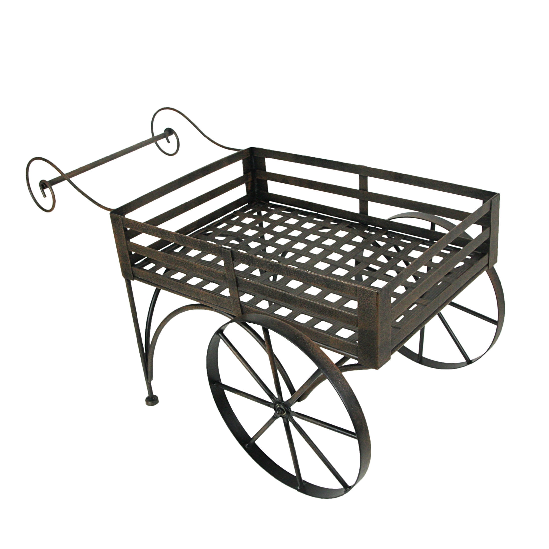 Rustic Brown Metal Wagon Cart Plant Stand with Weathered Finish