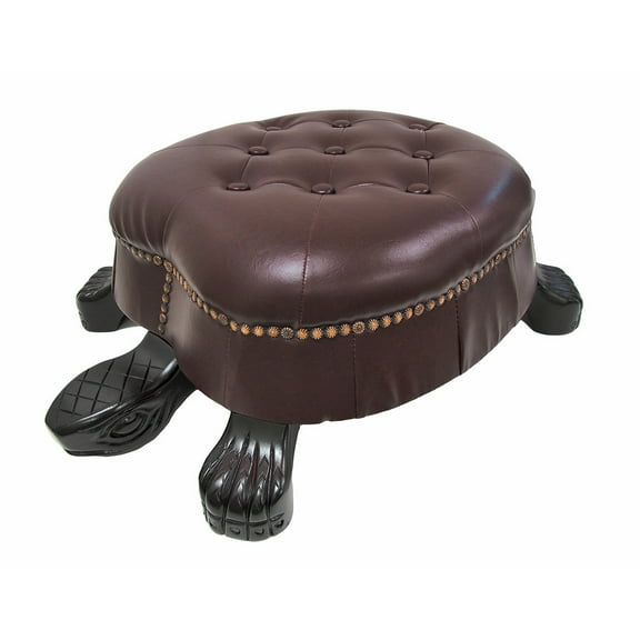 Zeckos Brown Wood Walnut Turtle Ottoman Foot Stool Faux Leather