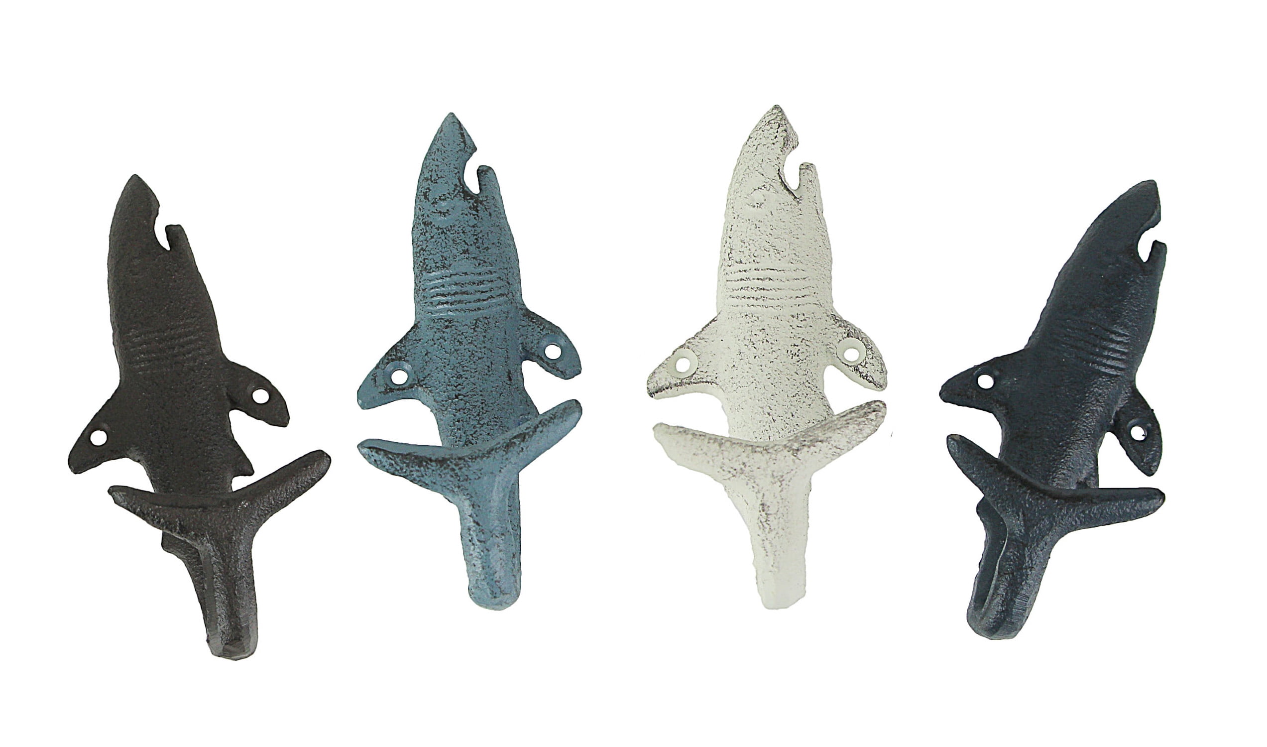 Zeckos Cast Iron Blue Coastal Shark Wall Mounted Hook Coat Hangers