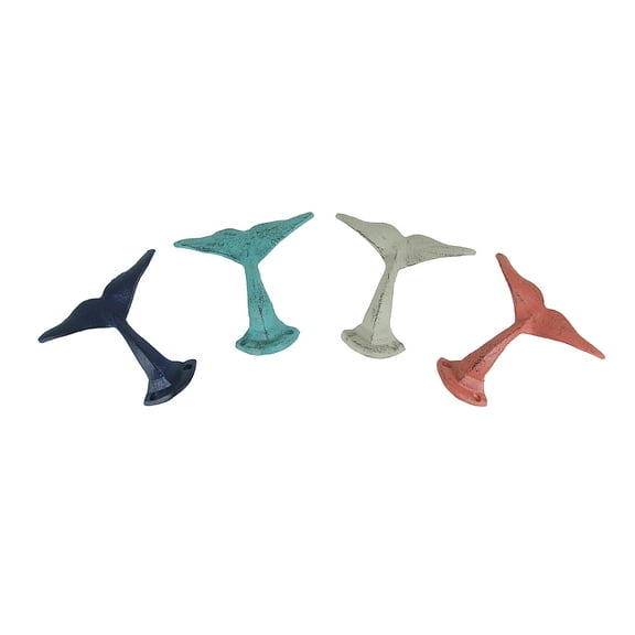 Zeckos Cast Iron Coastal Whale Tail Wall Mounted Hook Coat Hangers Set of 4