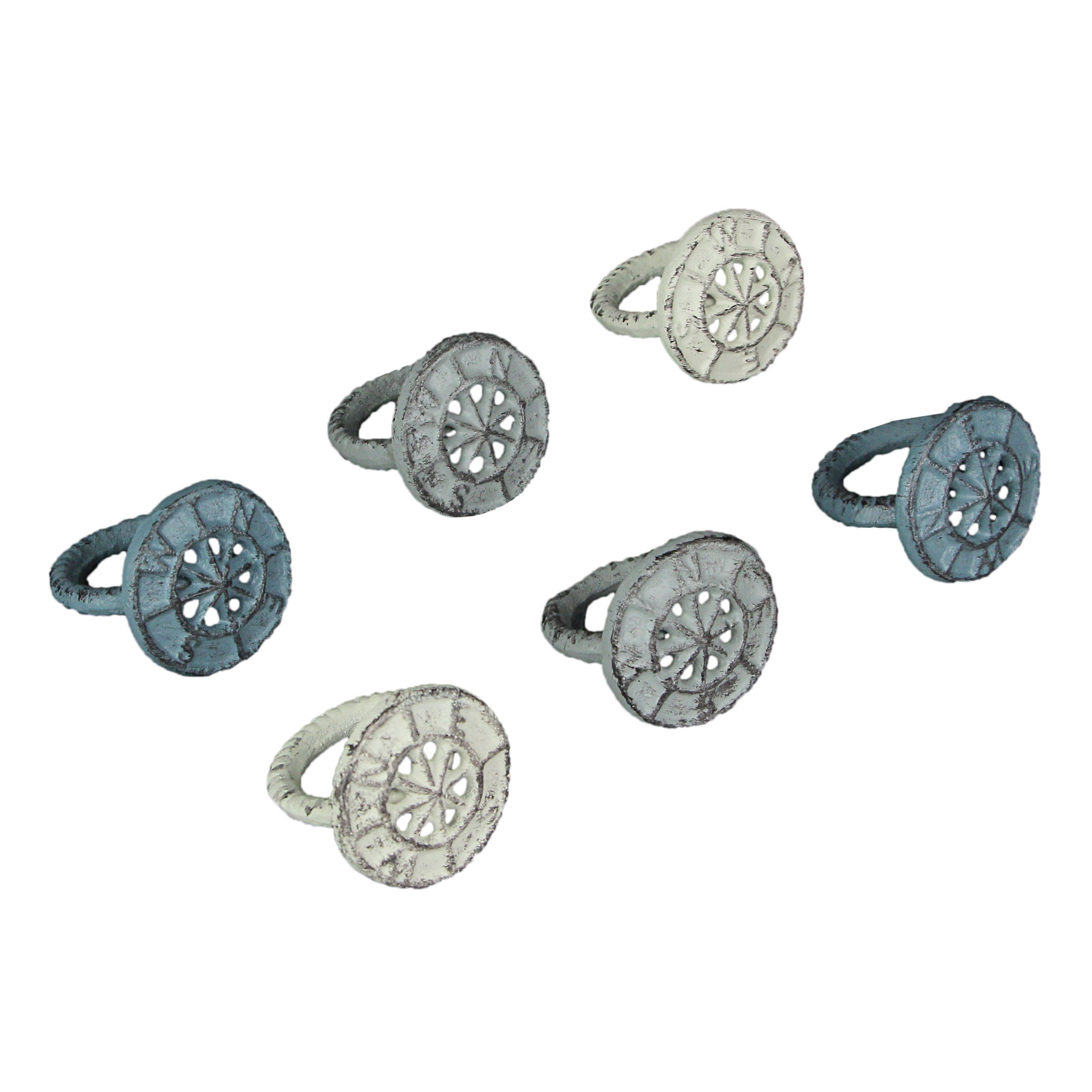 Nautical Blue, Gray, and White Cast Iron Compass Rose Napkin Rings Set of 6