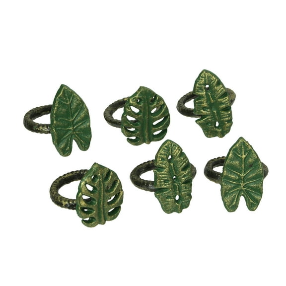 Zeckos Cast Iron Tropical Leaf Napkin Rings Dining Decor Set of 6