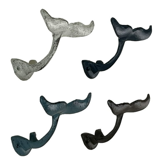 Zeckos Cast Iron Whale Tail Wall Hooks Coastal Home Decor Hangers Set of 4