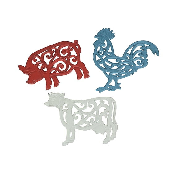 Zeckos Colorful Cast Iron Farm Animal Kitchen Trivets Set of 3