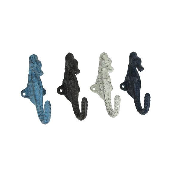 Zeckos Colorful Cast Iron Seahorse Decorative Wall Hooks Set of 4