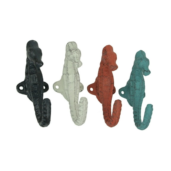 Zeckos Colorful Cast Iron Seahorse Decorative Wall Hooks Set of 4