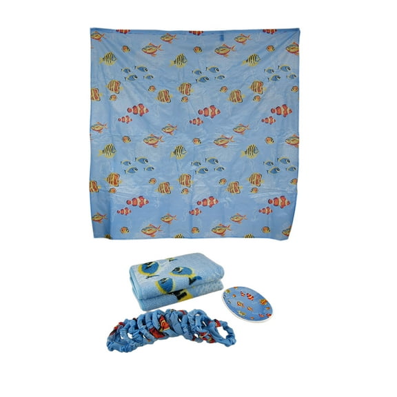 Zeckos Coordinating Bath Rug, Soap Dish, Shower Curtain Set (Fish) - Blue