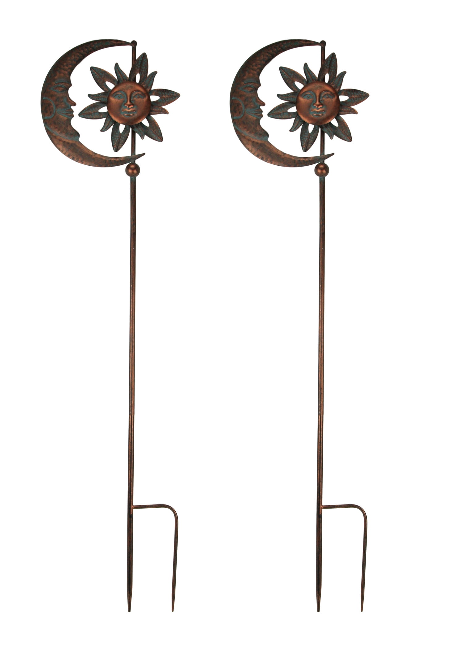 Verdigris Patina Copper Celestial Sun and Moon Garden Stakes Set