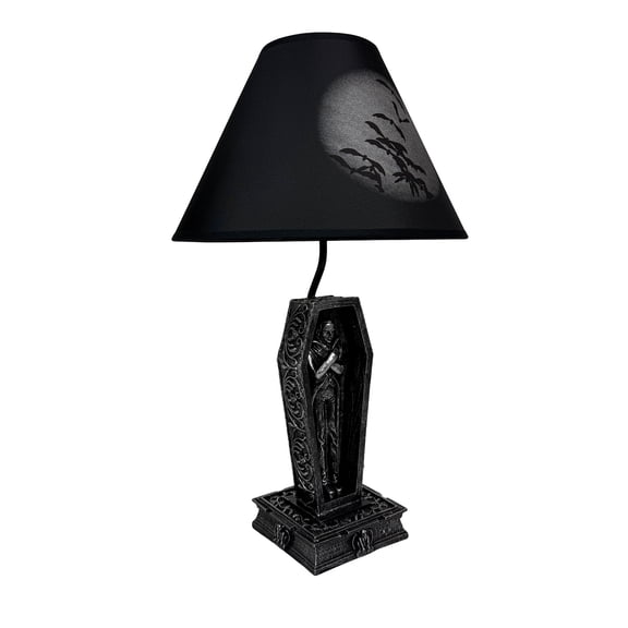 Zeckos Dark Vampire in the Coffin Black Table Lamp and Fabric Shade