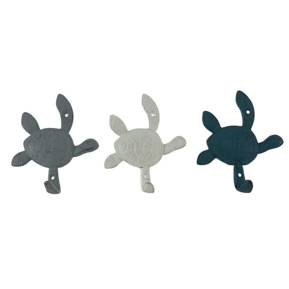 Zeckos Cast Iron Sea Turtle Wall Hook Set Blue, Gray, White, Indoor/Outdoor Use