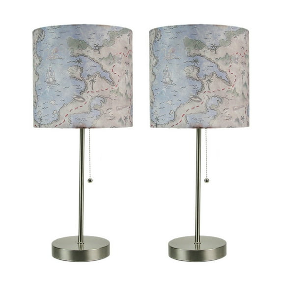 Zeckos Decorative Treasure Map Brushed Nickel Accent Lamp Coastal Pirate Beach Set of 2