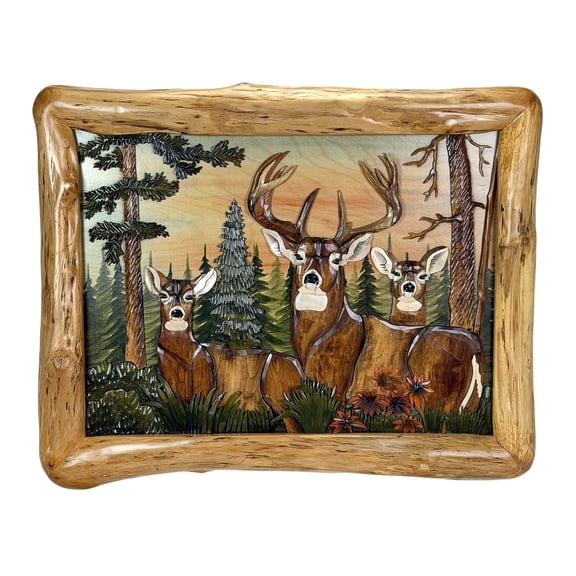 Zeckos Deer in Woods Intarsia Wood Wall Sculpture 36x28 Rustic Cabin Lodge Decor