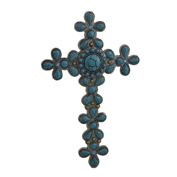 Zeckos Divine Flower Design Faux Turquoise Stone Decorative Wall Cross