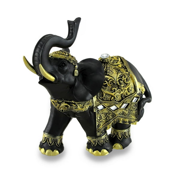 Zeckos Exotic Black and Gold Finish Trunk Up Thai Elephant Statue
