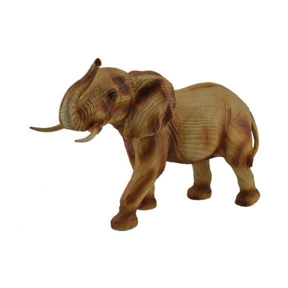 Zeckos Faux Carved Wood Look Trunk Up Walking Elephant Statue
