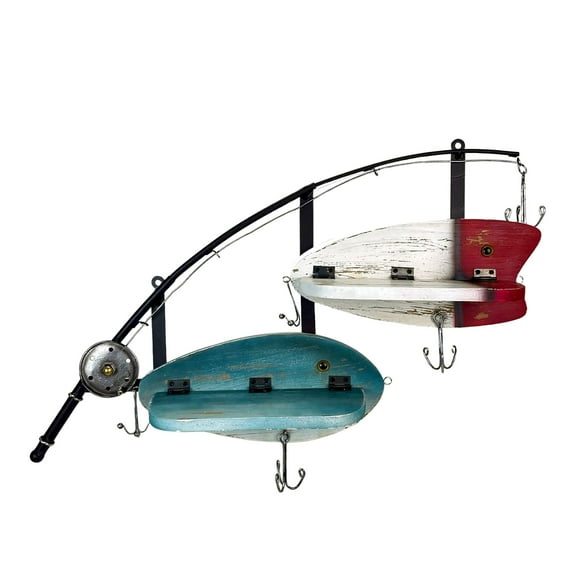 Zeckos Fishing Pole Wall Shelf with Two Lure Shelves, Rustic Wood & Metal, 24"