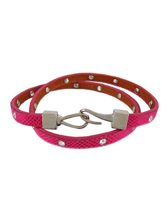 Fuchsia Leather Python Triple Wrap Rhinestone Bracelet