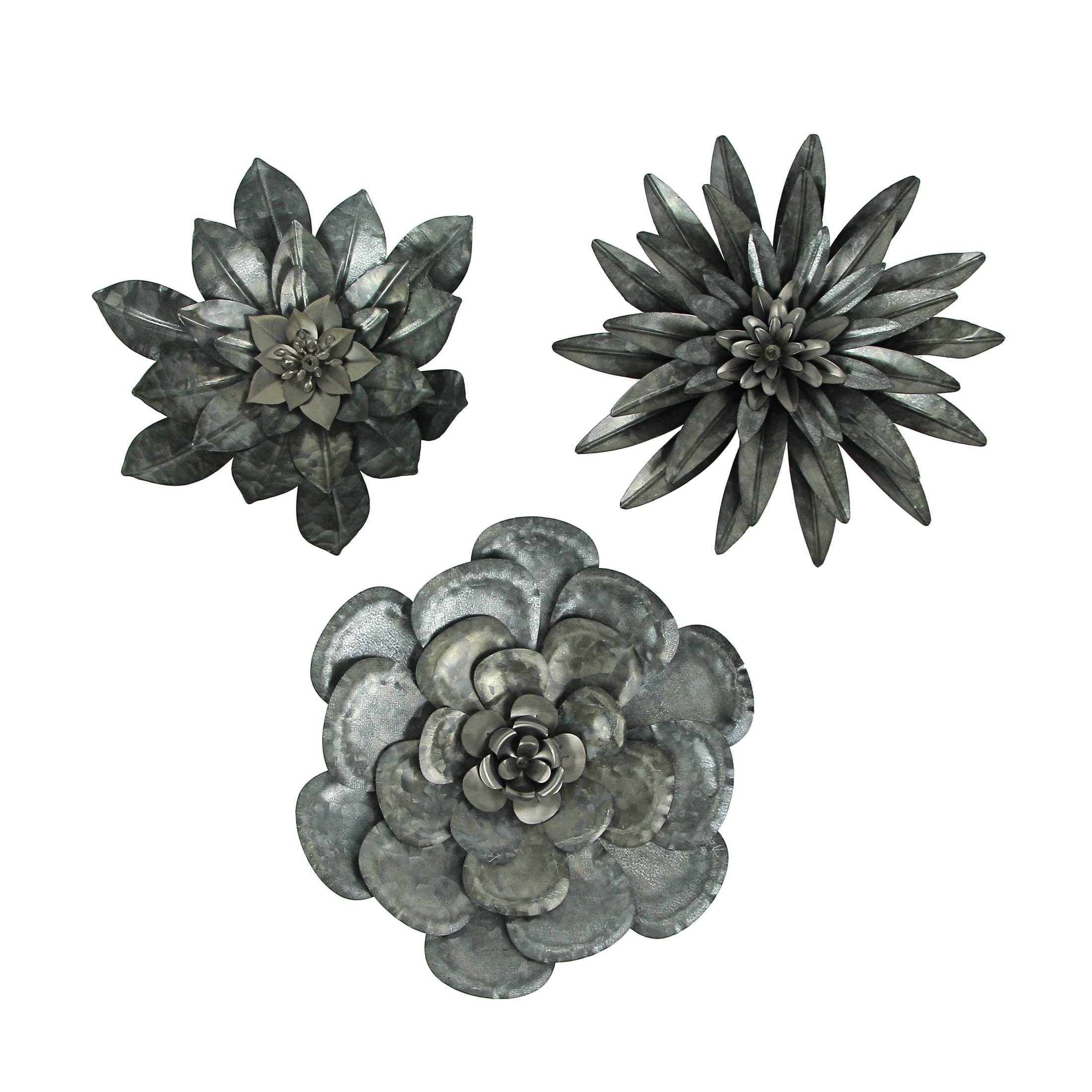 Set of 3 Galvanized Metal Rustic Flower Wall Sculptures
