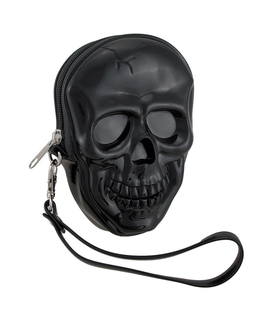 Zeckos Glossy Black Women's Molded Skull Shaped Pouch Style Wristlet Purse With Removable Strap