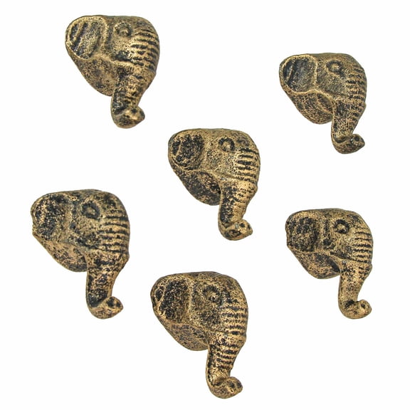 Zeckos Gold Cast Iron Elephant Head Cabinet Drawer Pulls Set of 6