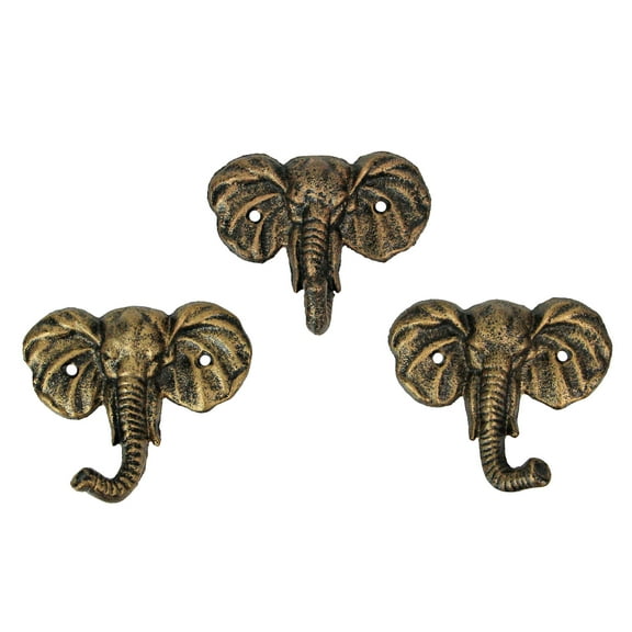 Zeckos Gold Cast Iron Elephant Wall Hooks 4 inch Home Dcor Set of 3