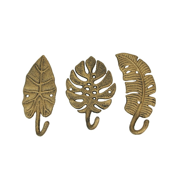 Zeckos Gold Cast Iron Tropical Leaf Wall Décor Hooks Set of 3