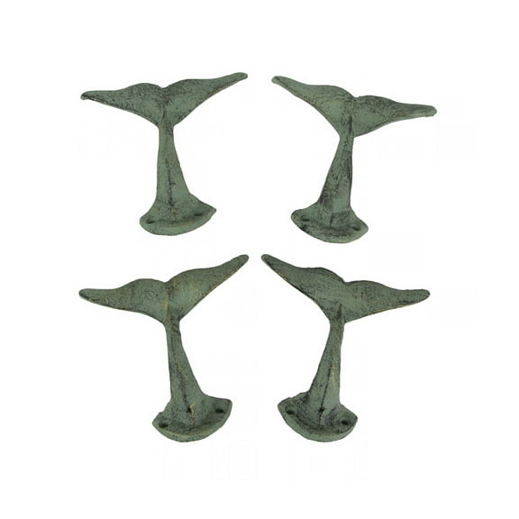 Zeckos Green Cast Iron Whale Tail Decorative Wall Hook Set of 4