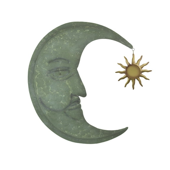 Zeckos Green Metal Textured Crescent Moon Wall Décor with Sun Dangler