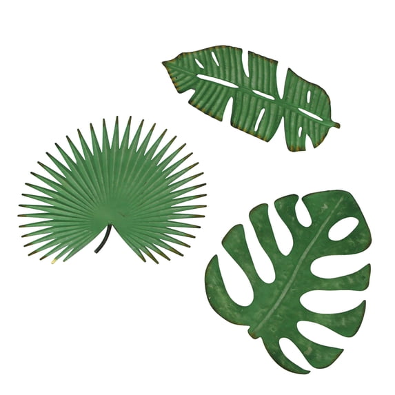 Zeckos Green Metal Tropical Leaf Sculpture Hanging Wall Décor Set of 3