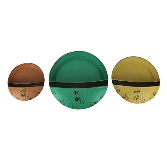 Zeckos Green Yellow Orange Vintage Metal Round Wall Pockets Set of 3