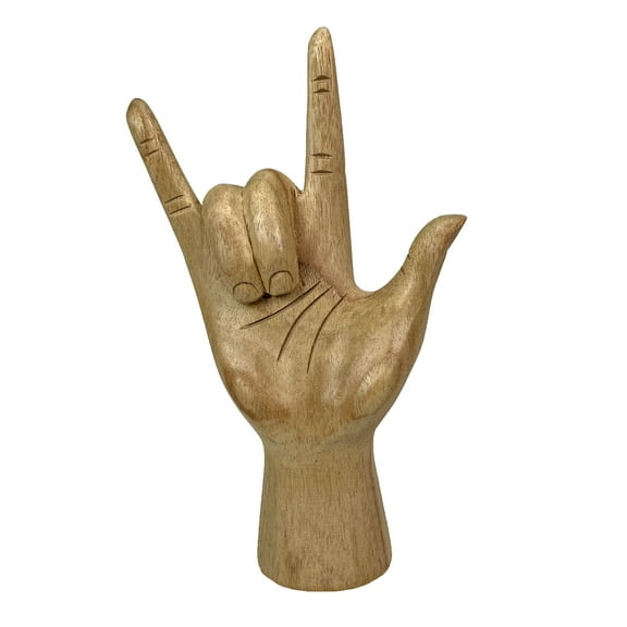Zeckos Hand Carved Natural Wood I Love You Hand Gesture Statue