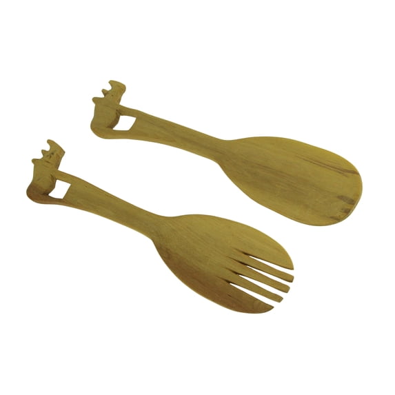 Zeckos Hand Carved Wood Decorative Rhinoceros Handle Salad Server Set - Brown