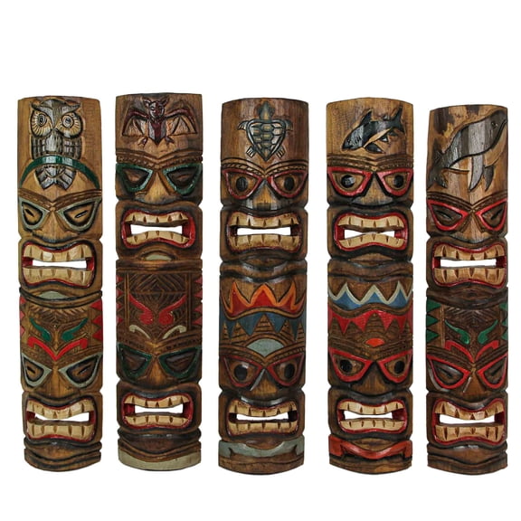 Zeckos Hand Carved Wood Double Tiki Mask Animal Totem 24 inch Set of 5