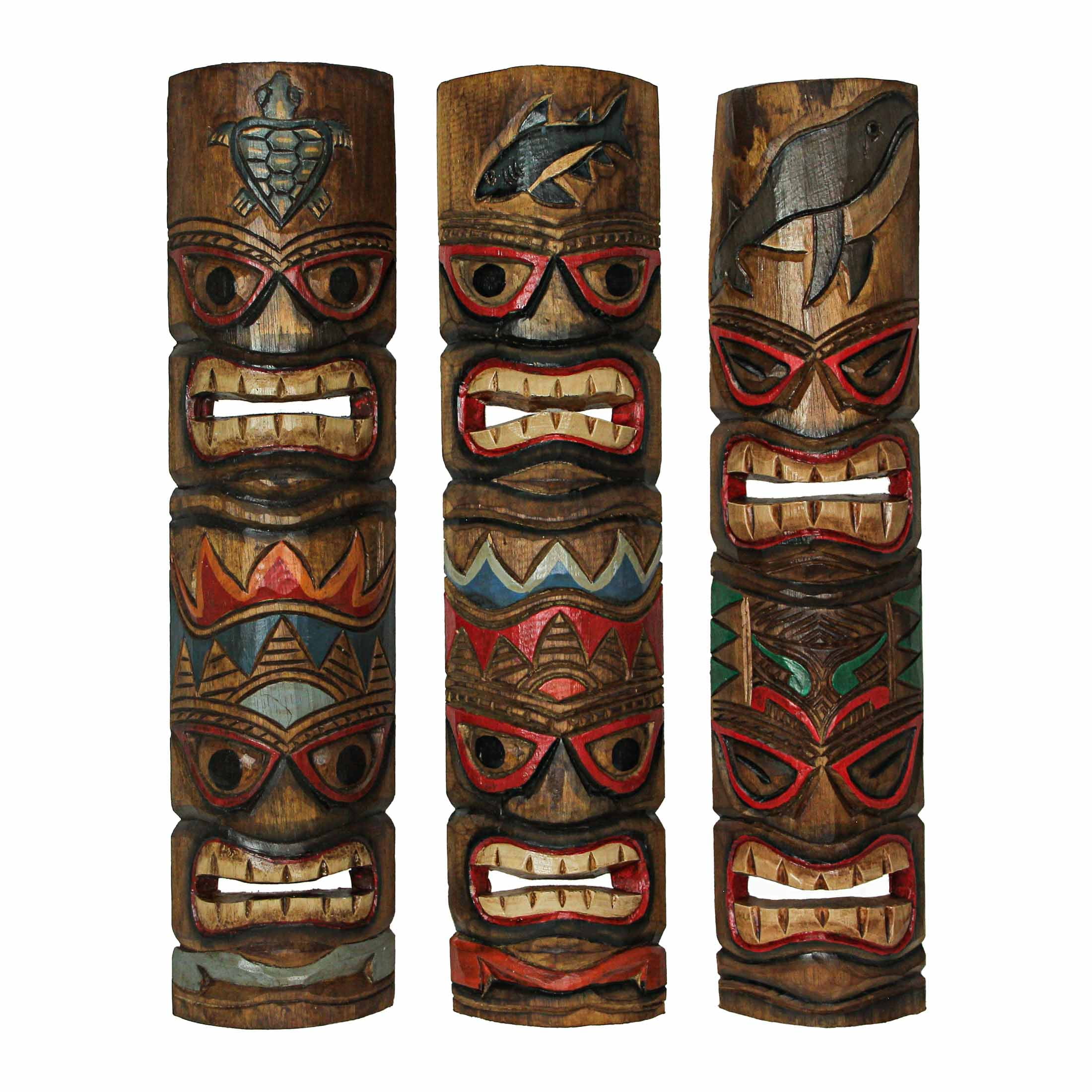 Hand-Carved Brown Wood Double Tiki Mask Set with Ocean Animal Designs