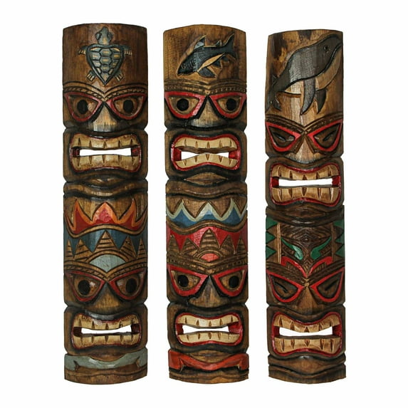 Zeckos Hand Carved Wood Double Tiki Mask Ocean Animal Totem Set of 3
