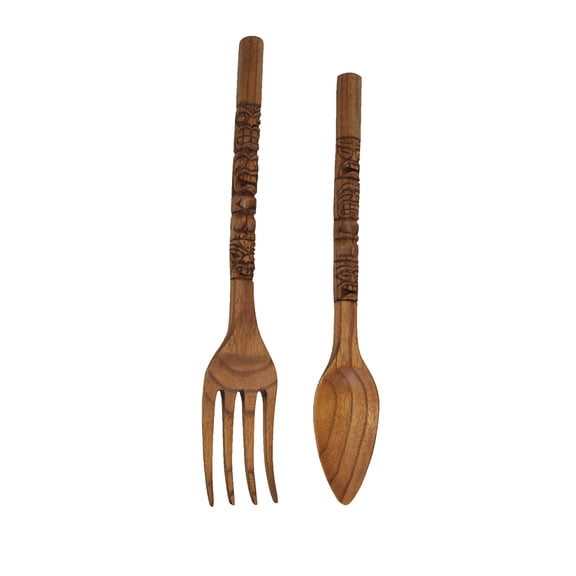 Zeckos Hand Carved Wood Tiki Fork & Spoon Kitchen Wall Décor Set of 2