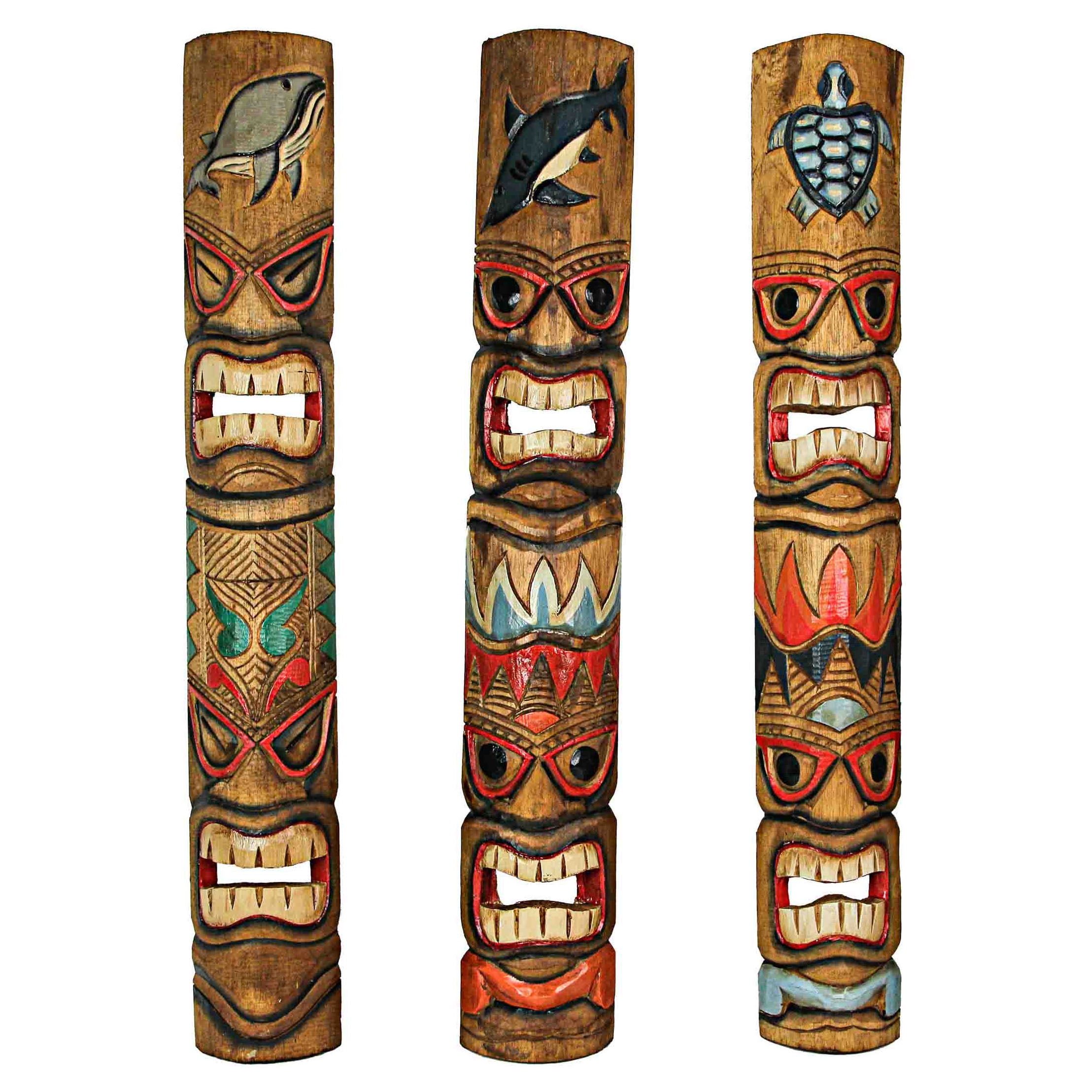 Hand-Carved Light Brown Wood Ocean Animal Tiki Masks Set