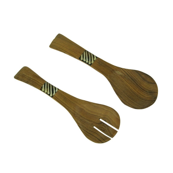 Zeckos Hand Carved Wood and Bone Flat Handle Salad Server Set