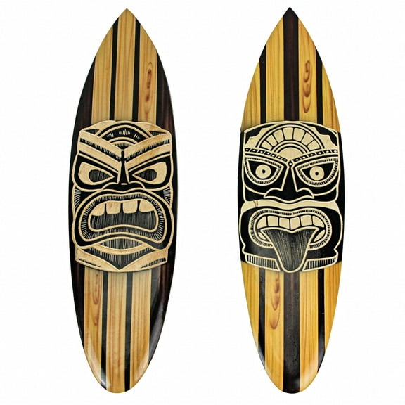 Zeckos Hand Crafted Wood Tiki Surfboard Wall Hanging Set of 2