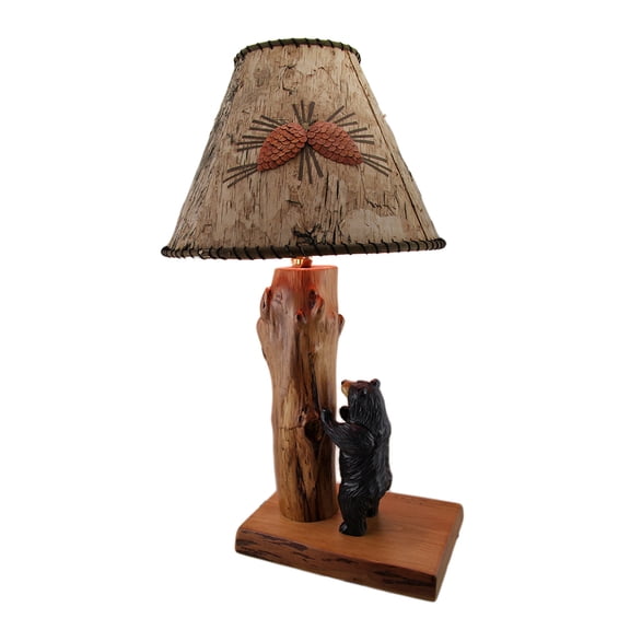 Zeckos Handcrafted Rustic Wood Black Bear Lamp w/Decorative Bark Shade