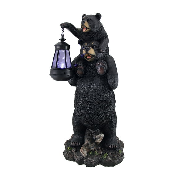 Zeckos Lifting Spirits Bear Cub on Shoulders Statue and Solar LED Lantern
