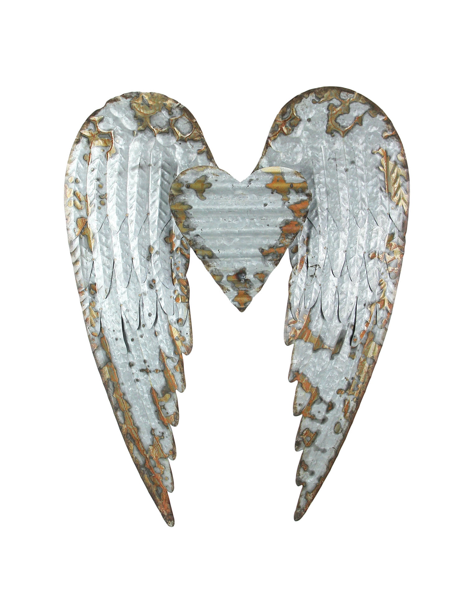 Rustic Galvanized Metal Angel Wings Heart Wall Sculpture, 27.5"