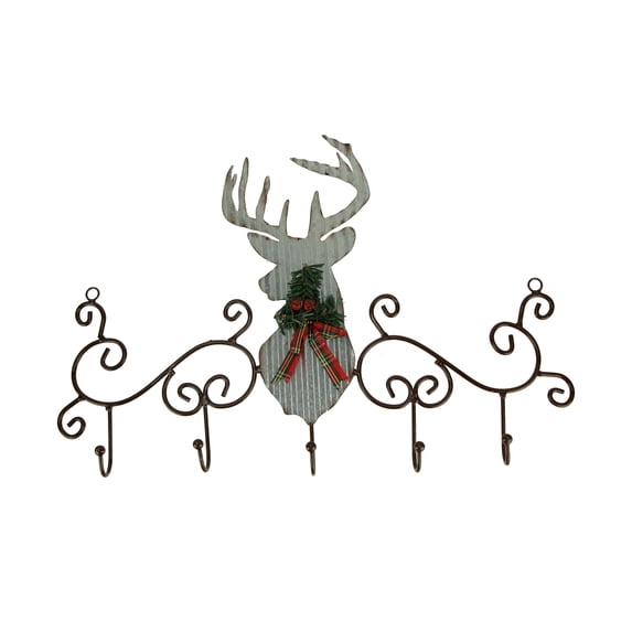 Zeckos Metal Art Scroll Rustic Deer with Pine and Bow Wall Hook Rack