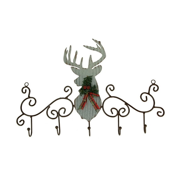 Zeckos Metal Art Scroll Rustic Deer with Pine and Bow Wall Hook Rack