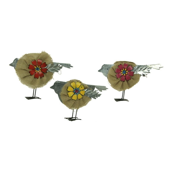 Zeckos Metal and Burlap Rustic Flower Bird Sculptures Set of 3