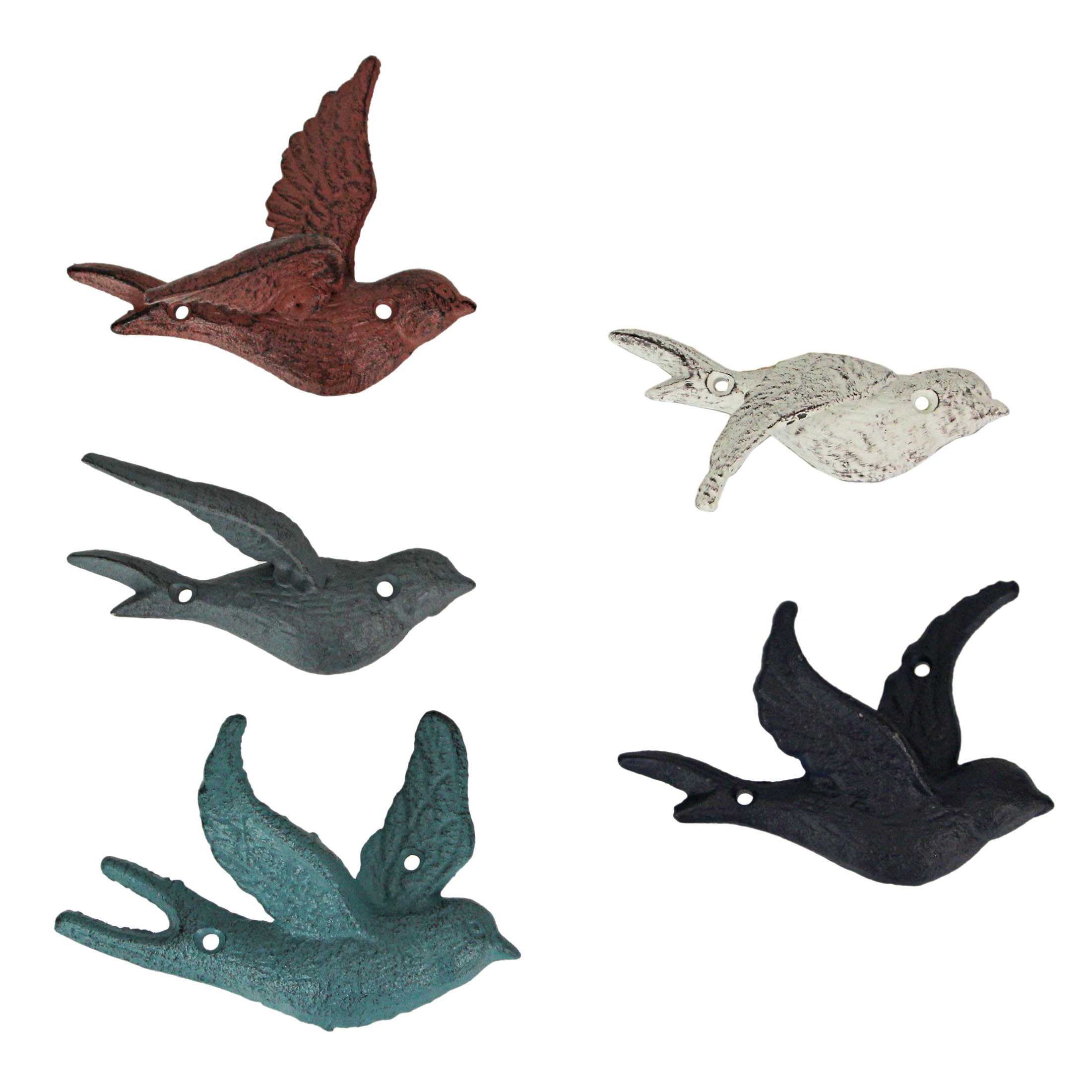 Set of 5 Coastal Coral Cast Iron Flying Bird Sculptures
