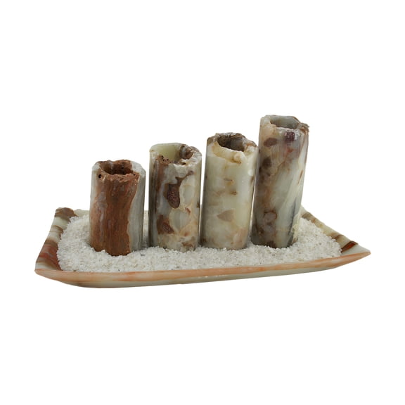 Zeckos Red and White Artisan Hand Crafted 5 Piece Marble Candle and Tray Set