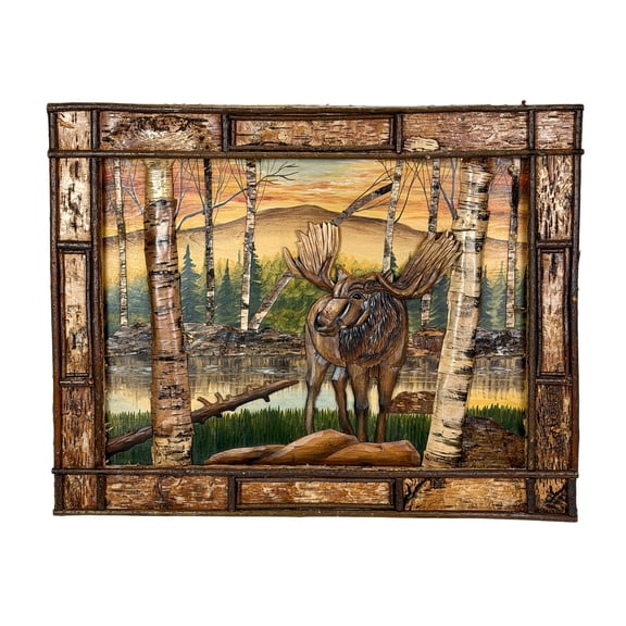 Zeckos Rustic Moose Birch Forest Wood Wall Sculpture 28.75x36.5 Brown Glossy